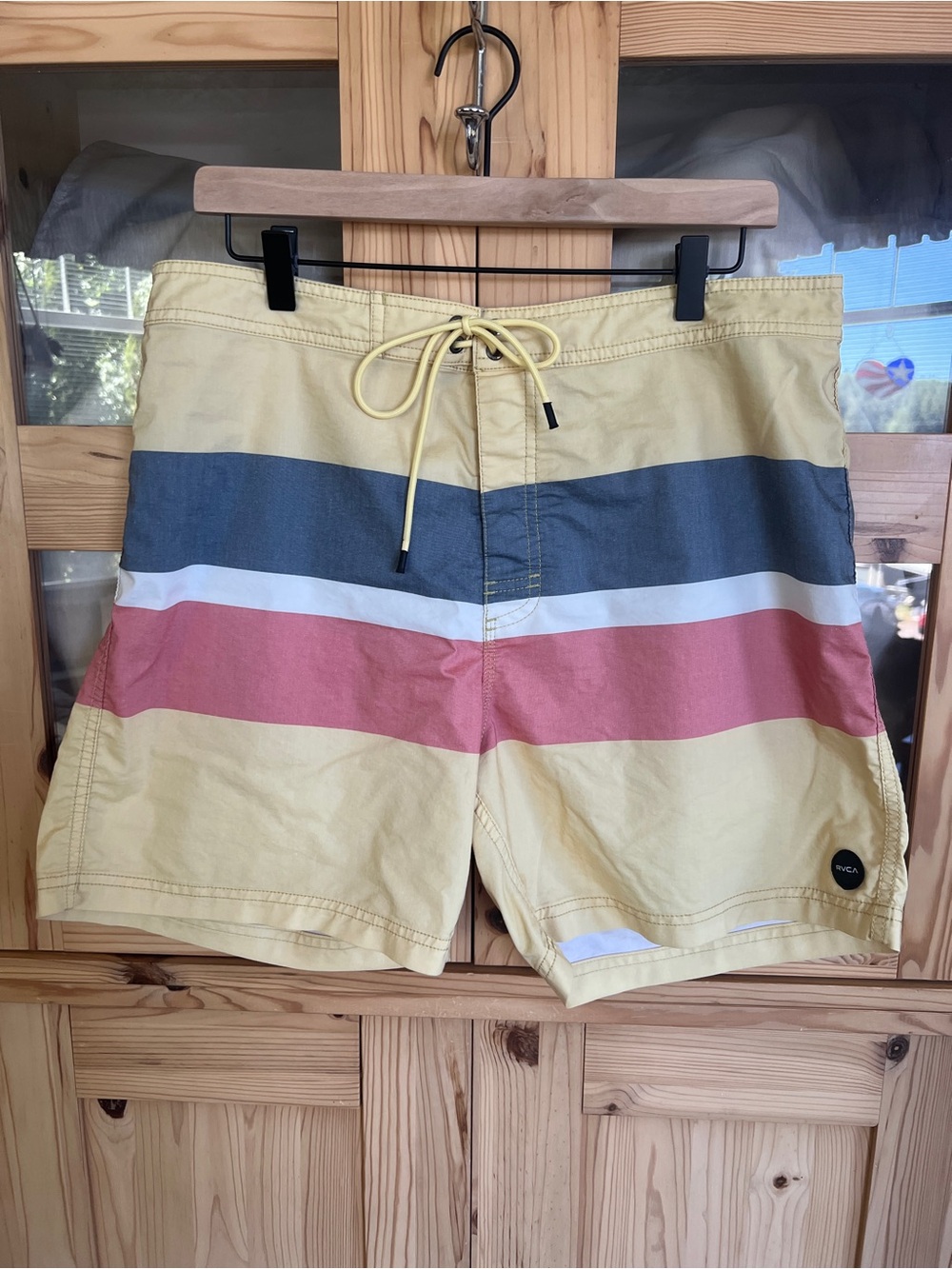 RVCA Men’s Yellow Stripe Board Shorts with Navy & Coral Bands